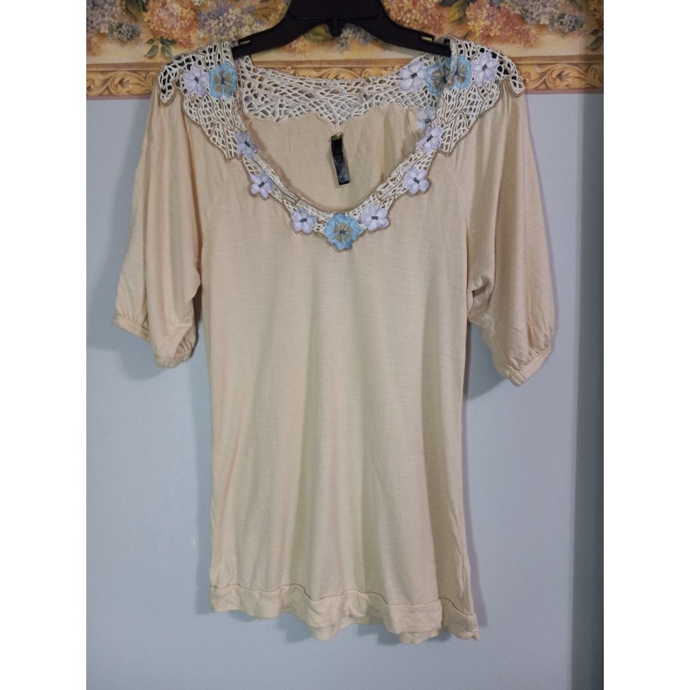 Free People Medium Tan Crochet Floral Casual Stretch Top